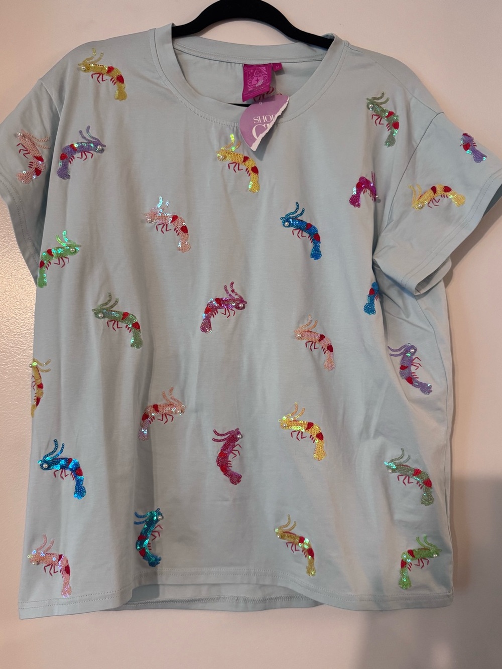 Queen of Sparkle Light Blue Sequin Shrimp Tee